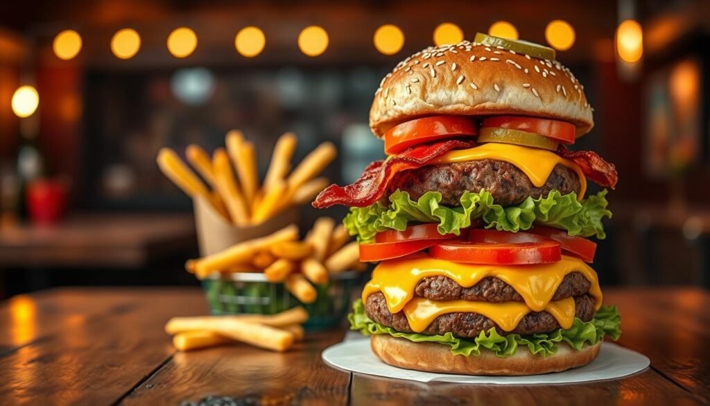 A towering billionaire bacon burger sits prominently in the foreground, showcasing multiple layers of a juicy beef patty, crispy bacon strips, melted cheddar cheese, and fresh lettuce, all enclosed in a perfectly toasted sesame seed bun. The burger is garnished with sliced tomatoes and pickles, adding vibrant color. In the middle ground, a rustic wooden table complements the rich textures of the burger, with a side of golden, crispy fries artfully arranged. The background features a softly blurred dimly-lit restaurant ambiance, enhancing the cozy and inviting atmosphere. Use warm, natural lighting to highlight the glistening toppings and create a mouthwatering appeal. The image should capture the essence of indulgence, enticing viewers’ appetites without any text or distractions.