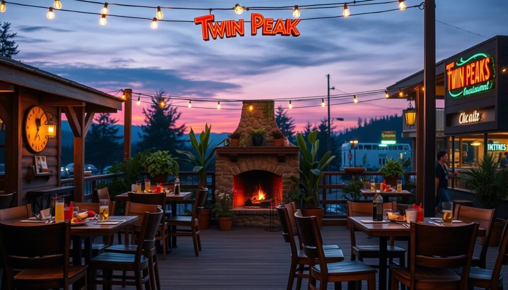 A vibrant Twin Peaks patio scene set at twilight, showcasing a rustic yet lively atmosphere. In the foreground, sturdy wooden tables are arranged with tall, comfortable chairs, each adorned with savory dishes and refreshing drinks, inviting diners. The middle ground features a decorative stone fireplace surrounded by lush potted plants and twinkling string lights, creating a cozy ambiance. The background fades into a serene evening sky, painted with soft purples and oranges, while hints of neon signs from the restaurant’s exterior glow warmly in the distance. The image is captured from a slightly elevated angle, highlighting the inviting layout of the patio, bathed in soft ambient light that enhances the welcoming atmosphere.