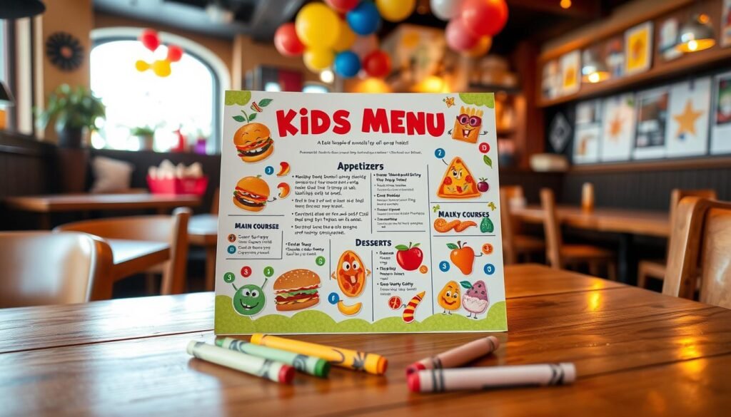 A vibrant and colorful kids menu displayed on a wooden table, featuring fun illustrations of animated food items like smiling burgers, cheerful pizza slices, and playful fruit characters. In the foreground, a few crayons are scattered alongside the menu to suggest a creative dining experience. The middle layer showcases the menu itself, which is divided into sections for appetizers, main courses, and desserts, incorporating playful fonts and bright colors. The background features a cozy restaurant setting, with cheerful decorations like balloons and children's artwork on the walls, illuminated by warm, inviting lighting. The overall atmosphere is cheerful and family-friendly, making it clear that this restaurant is a welcoming space for kids and their families.