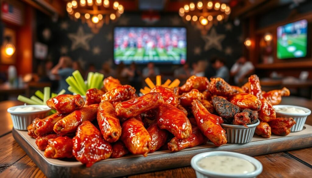A vibrant and enticing display of chicken wings in an array of flavors, including classic buffalo, tangy barbecue, and spicy garlic, placed on a rustic wooden table. In the foreground, a close-up of saucy wings glistening under overhead lighting, alongside small bowls of accompanying dipping sauces like blue cheese and ranch. The middle ground features colorful side dishes such as celery and carrot sticks, adding a fresh contrast. In the background, a cozy sports bar atmosphere with blurred images of cheering fans and a large screen showcasing a football game, creating an energetic and inviting ambiance. Capture this scene with warm, soft lighting to evoke excitement and anticipation for the big game.