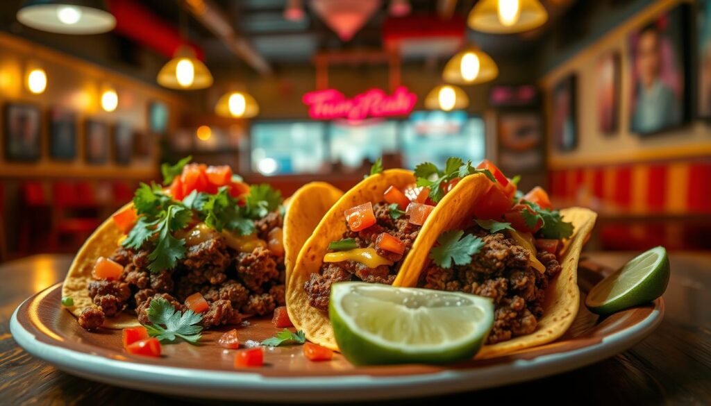 A vibrant and enticing plate of Twin Peaks tacos sits prominently in the foreground, showcasing an array of colorful toppings—fresh cilantro, diced tomatoes, and zesty lime wedges. The tacos are generously filled with seasoned beef and melted cheese, oozing with flavor. In the middle ground, a rustic wooden table complements the hearty meal, while a warm, inviting glow from overhead pendant lights casts a soft light on the scene, enhancing the meal's allure. In the background, a blurred view of the diner gives a cozy atmosphere with its retro decor, warm colors, and friendly ambiance, evoking a sense of community and sharing. The composition is captured from a slightly overhead angle, emphasizing the richness of the tacos and the inviting environment, creating a mouthwatering visual experience.
