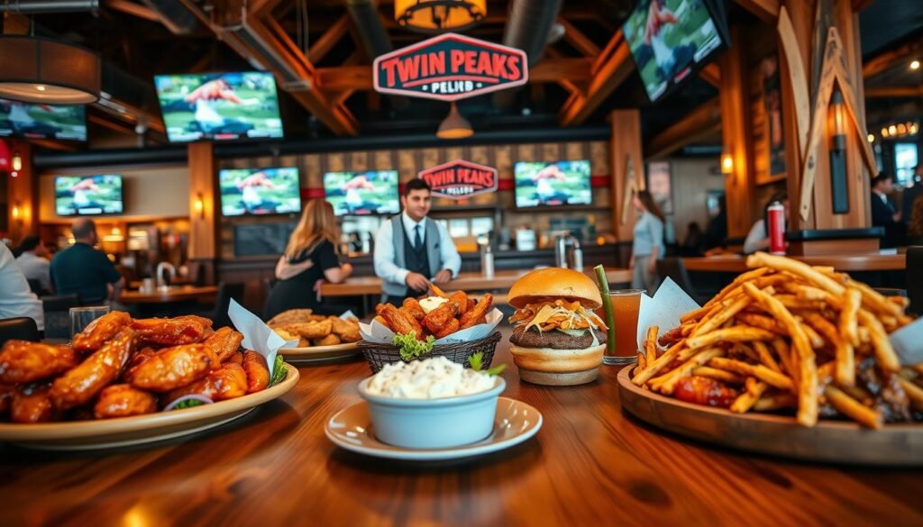 A vibrant and inviting Twin Peaks restaurant scene, featuring a beautifully arranged wooden table in the foreground adorned with signature dishes like wings, burgers, and loaded nachos. The middle ground shows friendly staff in smart casual attire serving the food, creating a warm and welcoming atmosphere. In the background, the rustic decor of the restaurant is highlighted, with large television screens showing sports, wooden beams, and a cozy ambiance illuminated by soft, warm lighting. A shallow depth of field focuses on the food, enhancing the richness of colors and textures. The overall mood is casual and lively, perfect for gathering with friends. The angle is slightly elevated to capture both the food and the engaging environment.