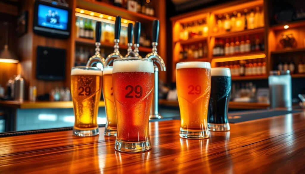 A vibrant and inviting scene showcasing a selection of 29° draft beers served in chilled pint glasses, each glass adorned with condensation beads, capturing the frosty allure of the drinks. The foreground features a polished wooden bar surface that reflects the light, enhancing the richness of the beer's amber and golden hues. In the middle ground, a row of draft beer taps gleams under soft, warm lighting, with intricate designs and chrome finishes, inviting patrons to indulge. The background presents a cozy bar ambiance, with wooden shelves stocked with various spirits, illuminated by ambient lighting, creating a welcoming atmosphere. The focus is sharp on the beers while the background is slightly blurred, evoking a feeling of warmth and relaxation in a trendy bar setting. The overall mood is inviting and celebratory, perfect for a night out.