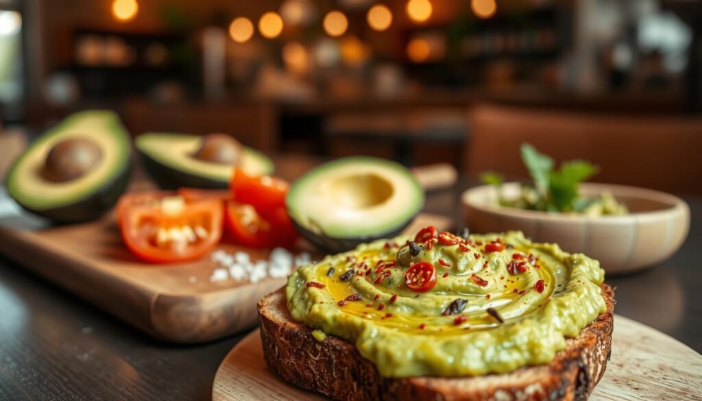 A vibrant, close-up shot of a freshly prepared avocado smash, artfully spread on a toasted slice of rustic bread. In the foreground, the creamy green avocado is adorned with a sprinkle of chili flakes and a drizzle of olive oil, making it visually appealing. In the middle ground, a wooden cutting board displays a few halved ripe avocados and a sprinkle of sea salt, alongside a serving of colorfully sliced tomatoes and fresh herbs for garnish. The background features a blurred café setting with warm, inviting lighting, enhancing the cozy atmosphere. The image should have a shallow depth of field and a soft focus that draws attention to the avocado smash, conveying a sense of freshness and artisanal craftsmanship.