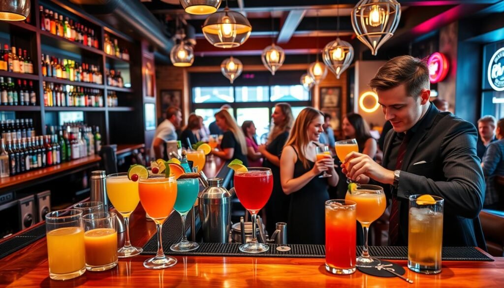 A vibrant drinks bar scene during happy hour in Reno, featuring brightly colored cocktails and a selection of craft beers and wines elegantly arranged on a polished wooden bar. In the foreground, a bartender in smart casual attire is skillfully mixing drinks, surrounded by fresh fruit garnishes and cocktail shakers. The middle ground showcases small groups of patrons enjoying their drinks, laughing and engaging in conversation, dressed in casual yet stylish clothing. The background is filled with soft, warm lighting that sets a welcoming and cheerful atmosphere, accented by decorative elements like bottles on shelves and glowing neon signs. The image captures the lively spirit of a happy hour, emphasizing camaraderie and celebration.