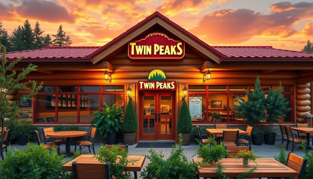 A vibrant exterior view of a Twin Peaks Restaurant, showcasing a rustic log-cabin style architecture with large windows and a welcoming entrance. In the foreground, depict an inviting patio area adorned with wooden tables and chairs, surrounded by green foliage. In the middle ground, illustrate the restaurant's sign prominently featuring the Twin Peaks logo, enhancing the lively atmosphere. The background should include a beautiful sunset sky, casting warm golden and orange tones across the scene, while soft lighting illuminates the restaurant's exterior, creating a welcoming ambiance. The mood is cheerful and inviting, perfect for diners seeking a casual dining experience. Capture this scene from a slightly elevated angle to provide a comprehensive view of the restaurant and its surroundings.