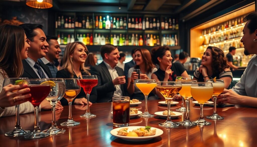 A vibrant happy hour scene at a stylish bar in Brandon, showcasing a diverse group of people enjoying the atmosphere. In the foreground, glasses filled with colorful cocktails and small plates of appetizers are artfully arranged on a polished wooden table. The middle features a mix of patrons in professional business attire and modest casual clothing, laughing and chatting, with some engaged in friendly conversation. Soft, warm lighting casts a cozy glow, enhancing the cheerful mood. In the background, the bar area displays an array of spirits, with shelves beautifully illuminated. The angle captures the lively interaction among the guests, evoking a sense of camaraderie and enjoyment, perfect for a late-night special vibe.