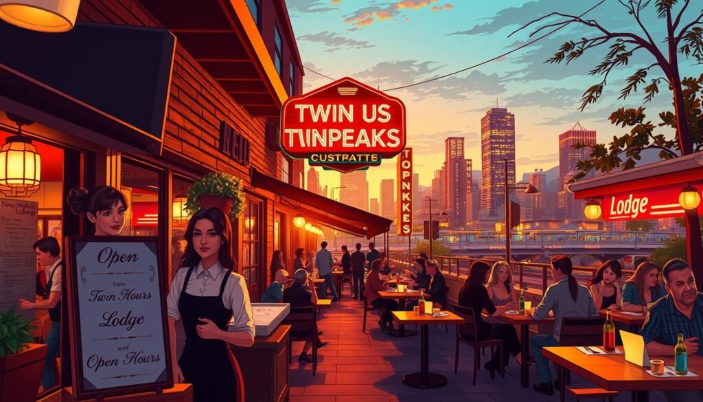 A vibrant illustration of a restaurant scene featuring the iconic Twin Peaks lodge, set in a bustling urban environment during twilight. In the foreground, a friendly waitress in professional attire greets guests at an outdoor patio, showcasing a menu board displaying "Open Hours" in an elegant font. The middle ground highlights various groups of people socializing at tables, enjoying food and drinks, while a neon sign with "Twin Peaks" illuminates the scene, capturing a welcoming atmosphere. In the background, the city skyline glows under the fading sunlight, with soft ambient lighting creating a warm and inviting mood. The composition uses a wide-angle lens to encapsulate the lively essence of the location, emphasizing connectivity and community around dining experiences as evening approaches.