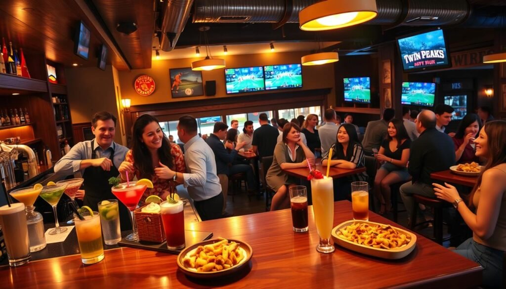 A vibrant, inviting scene inside a Twin Peaks restaurant during happy hour. In the foreground, a polished wooden bar filled with colorful cocktails and delicious appetizers, expertly arranged. Friendly bartenders, wearing smart casual attire, are seen mixing drinks and engaging with happy customers. In the middle, a group of diverse patrons laughing and enjoying their time together, seated at high-top tables adorned with rustic decor, including warm ambient lighting. The background features a lively atmosphere with sports memorabilia and TVs displaying games. Soft, golden lighting creates a warm and welcoming vibe, capturing the essence of camaraderie and enjoyment. The angle is slightly angled from above to showcase the bustling energy of the happy hour experience.