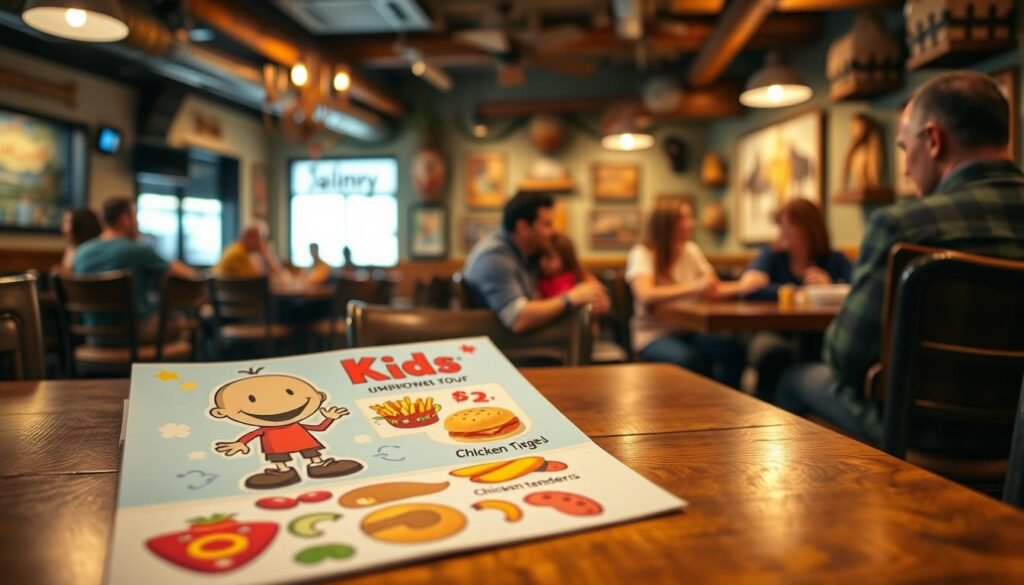 A vibrant kids' menu laid out on a wooden table in a cozy restaurant, featuring playful designs and bright colors. The foreground displays a colorful illustration of a cartoon character holding a burger and fries, alongside engaging graphics of pizza, chicken tenders, and fruit. In the middle ground, a cheerful environment with families dining, including parents and children enjoying their meals, all in modest casual clothing. The background shows the restaurant interior, adorned with rustic decorations and warm lighting that creates a welcoming atmosphere. The focus is on the menu, emphasizing its kid-friendly offerings while capturing the spirited essence of a family-friendly dining experience. The lighting is soft and warm, highlighting the inviting nature of the scene.