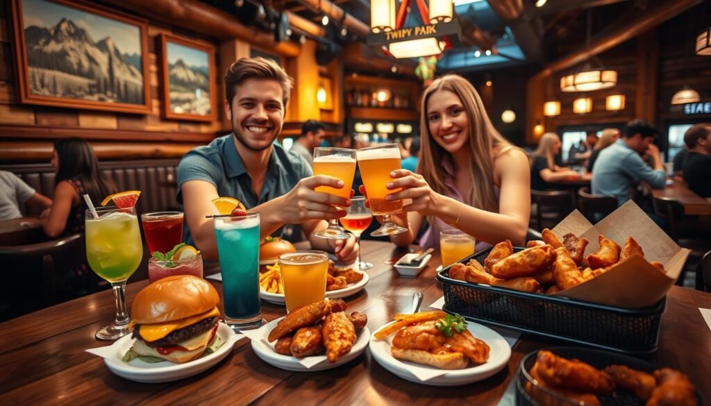 A vibrant scene capturing the essence of "Happy Hour" at Twin Peaks. In the foreground, a wooden table adorned with a variety of colorful cocktails and small plates featuring sliders, nachos, and wings. Two smiling individuals in modest casual attire are clinking glasses, emphasizing a cheerful atmosphere. The middle layer showcases the rustic décor of the Twin Peaks establishment, including warm wood accents and scenic mountain-themed artwork. In the background, softly illuminated by pendant lights, a bustling bar area filled with patrons enjoying their own drinks and conversations. The lighting is warm and inviting, creating a relaxed vibe. The image is from a slightly angled viewpoint, enhancing depth and focusing on both the food and the social atmosphere, evoking the joy of happy hour deals.
