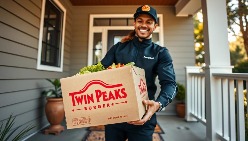 A vibrant scene of a delivery person in a sleek uniform holding a large Twin Peaks Burger box, standing at the doorstep of a modern home. In the foreground, the delivery box is prominently displayed with the iconic Twin Peaks logo, surrounded by fresh ingredients like lettuce, tomato, and avocado peeking out. In the middle, a cozy porch setting with a potted plant and a welcome mat, illustrating a sense of home and convenience. In the background, soft sunlight filters through trees, creating a warm and inviting atmosphere. The angle is slightly low to emphasize the delivery person's cheerful demeanor, conveying excitement and ease. The mood is lively and inviting, perfect for a quick and satisfying meal experience.
