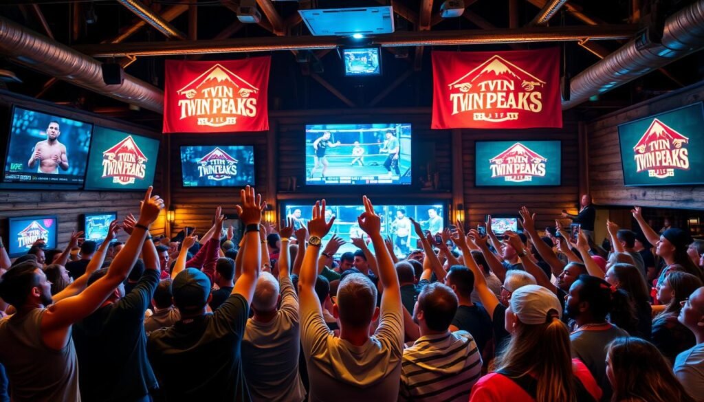 Dynamic indoor scene depicting a lively UFC Fight Night at a Twin Peaks restaurant, featuring a large crowd of enthusiastic patrons wearing casual sports attire. Foreground reveals a diverse group of friends raising their drinks in celebration, with a waitress serving food at the side. In the middle ground, there are multiple large screens displaying the UFC fight, catching the excitement of the audience. The background showcases rustic mountain lodge decor, with wooden beams and large banners of the Twin Peaks logo. The lighting is warm and inviting, with a spotlight effect on the screens, enhancing the electric atmosphere. The image should evoke feelings of camaraderie, excitement, and sportsmanship.