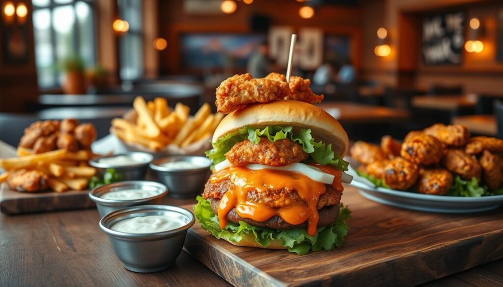 a vibrant and inviting dining scene showcasing an array of customizable twin peaks burgers with various choice wing styles artfully arranged on a rustic wooden table. In the foreground, focus on a juicy burger topped with crispy buffalo wings, drizzled with tangy sauce, alongside fresh vegetables and a side of golden fries. In the middle ground, include condiments such as ranch and blue cheese dips in elegant bowls, enhancing the experience. The background features a cozy restaurant ambiance with warm lighting and wooden accents, conveying a relaxed, friendly atmosphere. A slight overhead perspective with soft focus on the background, using a warm color palette to evoke a sense of comfort and indulgence, perfect for food lovers.